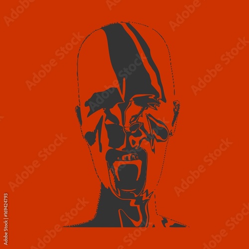 Demonic ugly face. Devil scream character. Demon or monster screaming with in an open mouth as a front view horror face. . Head textured by curved stripes