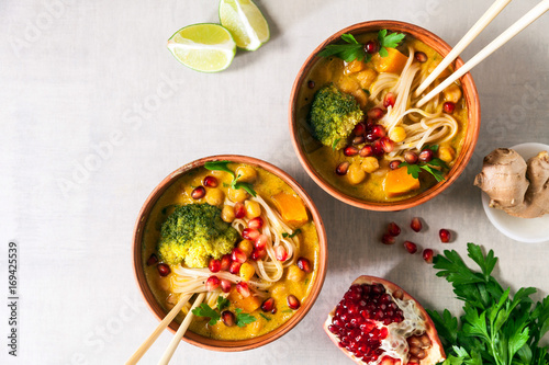 Laksa noodle soup With pumpkin and broccoli