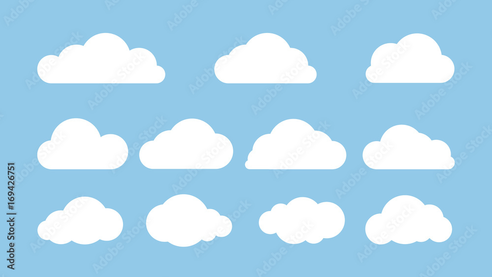 Set of clouds isolated on blue background. Flat vector illustration