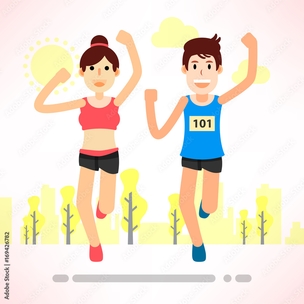 young couple running and training for marathon sport in the park young couple running and training for marathon sport in the park