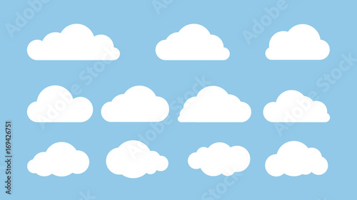 Set of clouds isolated on blue background. Flat vector illustration