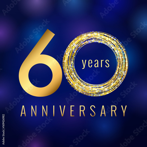 60 years old luxurious numbers. Congratulations 60th vector gold colored template sign with sparks, stars. Congratulating greetings celebrates. Celebrating traditional gold colored sixty % template.