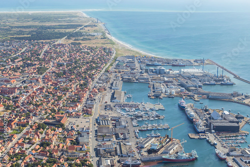 Aerial view of harbour in city of Skagen(Denmark).Aerial view of harbour in city of Skagen,Denmark in a sunny summer day.