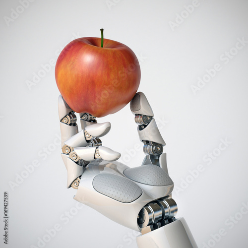 фотографія Robotic hand holding an apple 3d rendering, gmo concept, automation concept