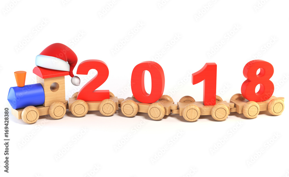 Christmas or New Year's wooden toy train, numbers 2018 as railroad cars 3d rendering Christmas or New Year's wooden toy train, numbers 2018 as railroad cars 3d rendering