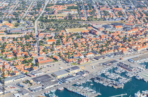 Aerial view of Skagen city ,Denmark with port .Aerial view of Skagen city ,Denmark in sunny summer day