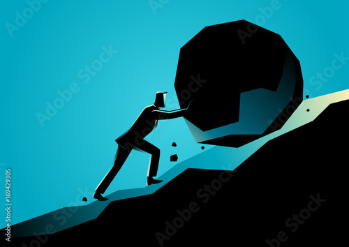 Fototapeta Businessman pushing large stone uphill
