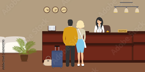 Hotel reception. Young woman receptionist stands at reception desk. There are also visitors here. Travel, hospitality, hotel booking concept. Vector illustration