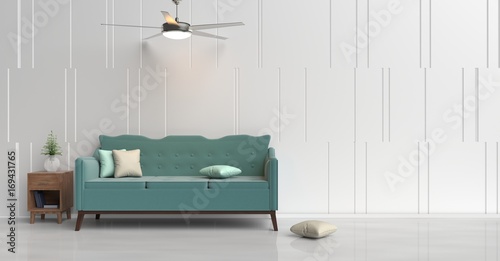 White room decorated with green sofa, tree in glass vase, green&cream pillows, Blue book, Wood bedside table, Ceiling Fan,  White cement wall it is grid pattern and white cement floor. 3d rendering. photo