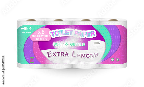 White toilet paper pack design isolated on white background. Roll package with soft layers. Easy style pastel shades. Feathers and soft pores. Can be used on web, flyers, banners, pack.