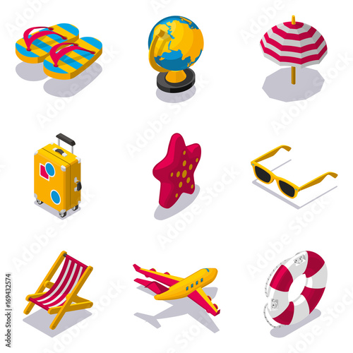 Set of beach vacation isometric icons
