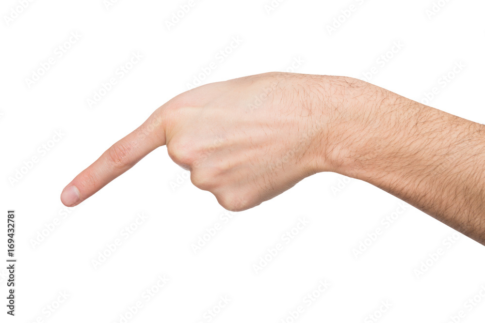 Male hand pointing on object with index finger isolated on white Male hand pointing on object with index finger isolated on white