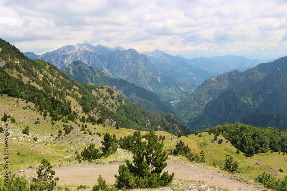 Obraz premium Panoramic view of mountains and valley in the Theth National Park in Albania. Southeast Europe.