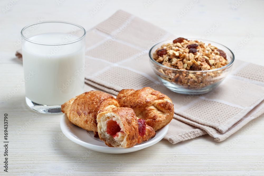 Breakfast with a croissant, muesli and a glass of milk Breakfast with a croissant, muesli and a glass of milk