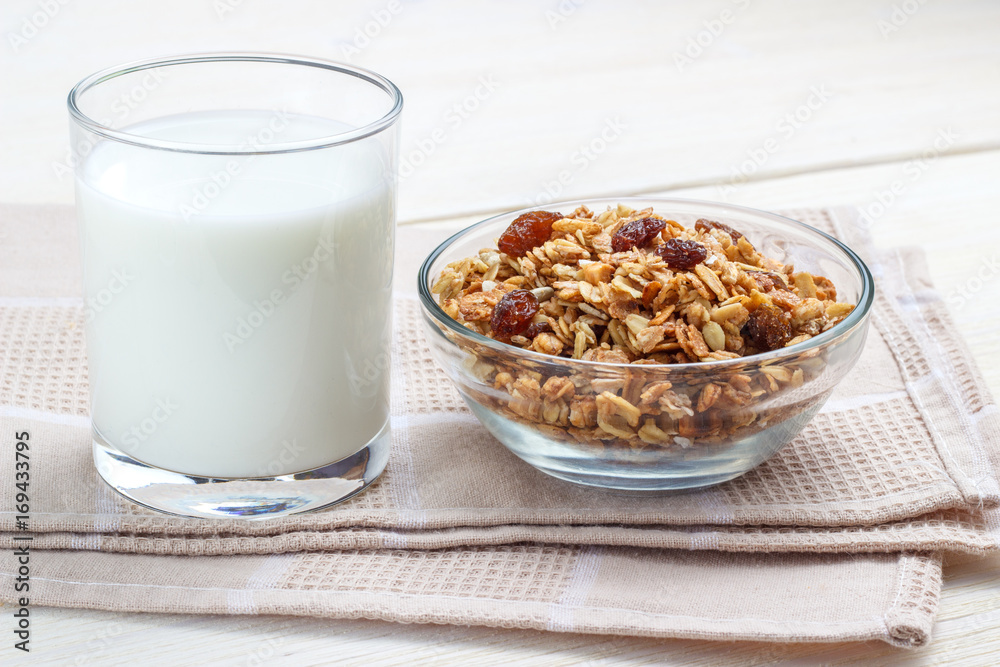 Breakfast glass of milk and muesli with glass bowl Breakfast glass of milk and muesli with glass bowl