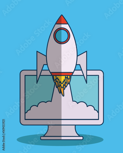Fototapeta Naklejka Na Ścianę i Meble -  computer and space rocket icon over blue background colorful design vector illustration