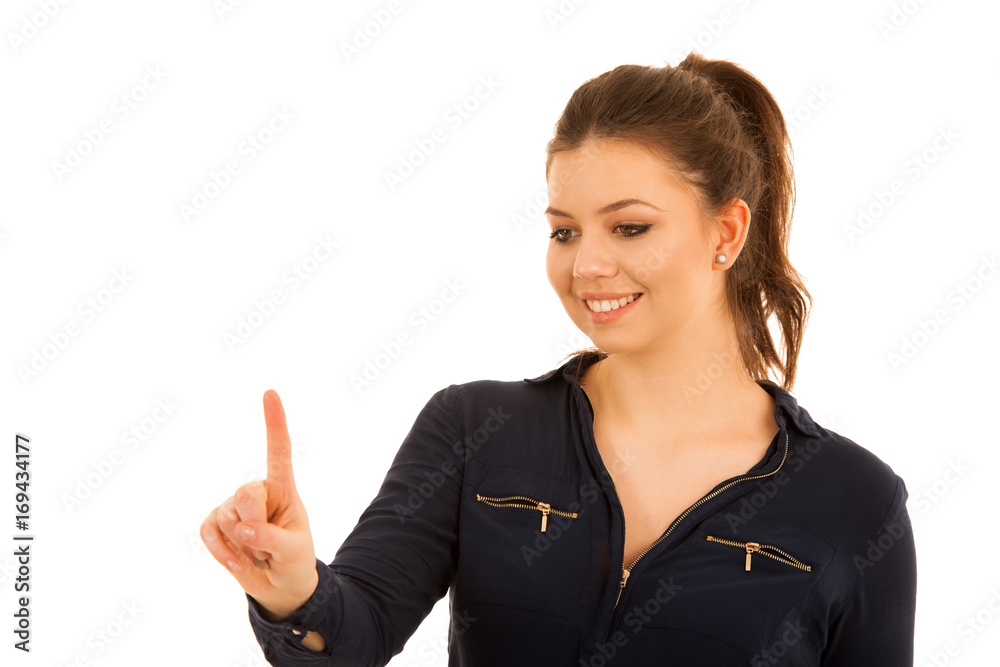 beautiful business woman pressing a virtual button isolated over white background beautiful business woman pressing a virtual button isolated over white background