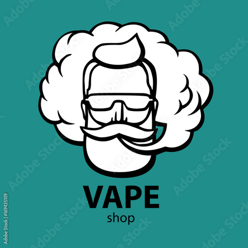 Hand-drawn hipster with mustache and beard. Man with vape and cloud. Electronic Cigarette. Vector. Stickers. logo. Emblem