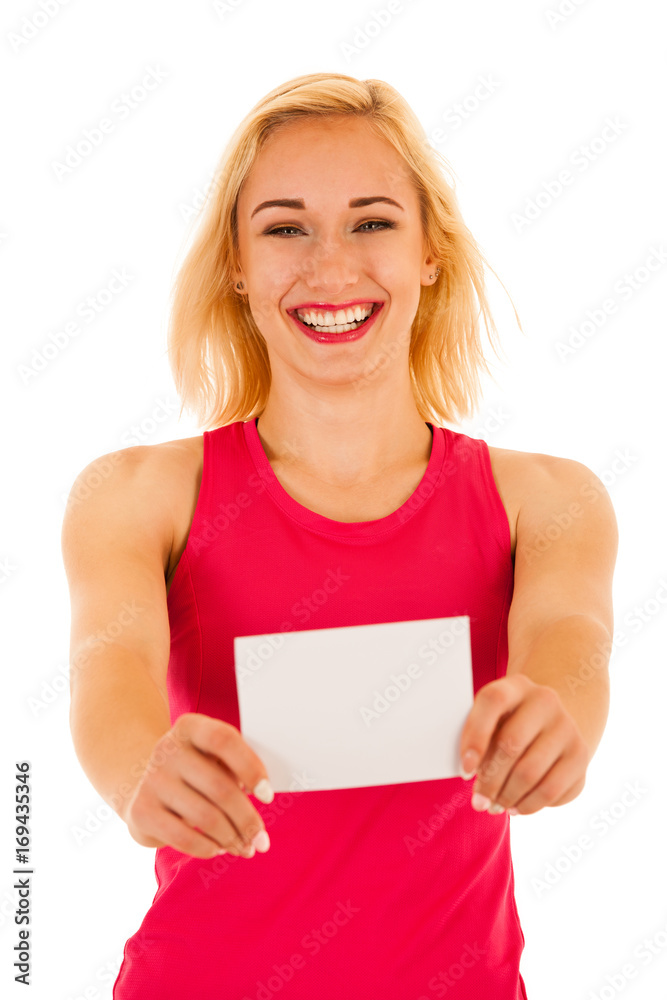 Active sporty woman holds white banner with copy space for additional text or graphic isolated over white background Active sporty woman holds white banner with copy space for additional text or graphic isolated over white background