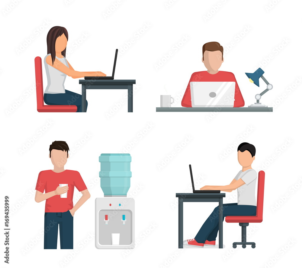 Illustration set, people at work using laptop, having a break