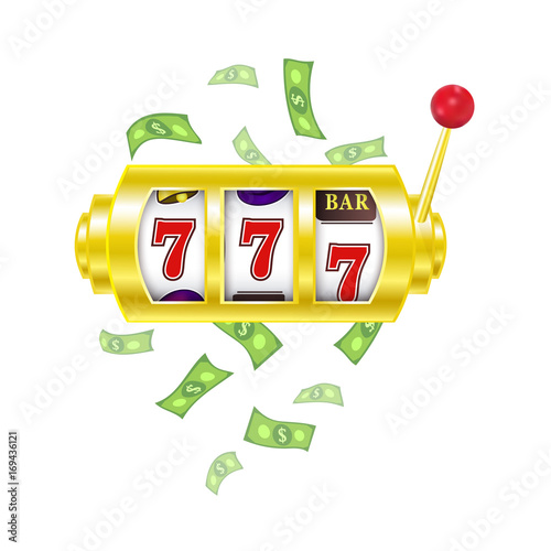 vector flat cartoon gambling lucky triple seven Jackpot, golden slot mashine with dollar rain around. Isolated illustration on a white background. Sign of profit easy money. bingo casino design poster