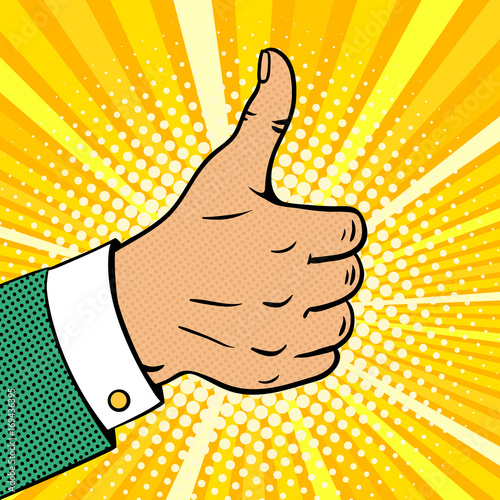 Pop art background with male hand in suit showing thumb up on halftone. Vector colorful hand drawn illustration with halftone in retro comic style.