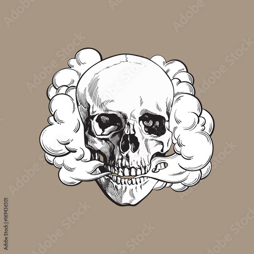 Smoke coming out of fleshless skull, death, mortal habit concept, black and white sketch style vector illustration isolated on color background.