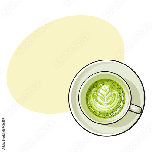 Hand drawn matcha green tea latte, cappuccino drink, top view sketch vector illustration with space for text.