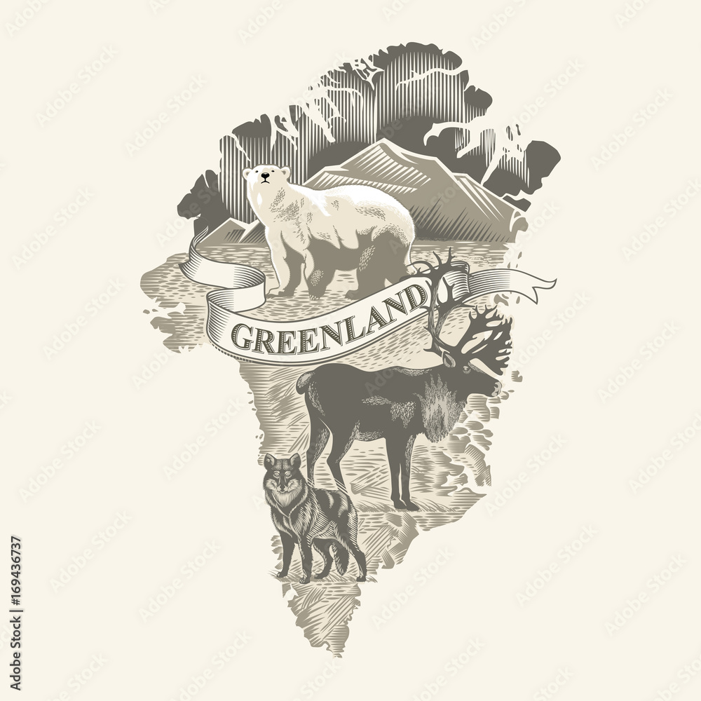 Гренландия, белый Медведь, северный Олень, полярный волк, леттеринг, сепия,  иллюстрация Иллюстрация Stock | Adobe Stock