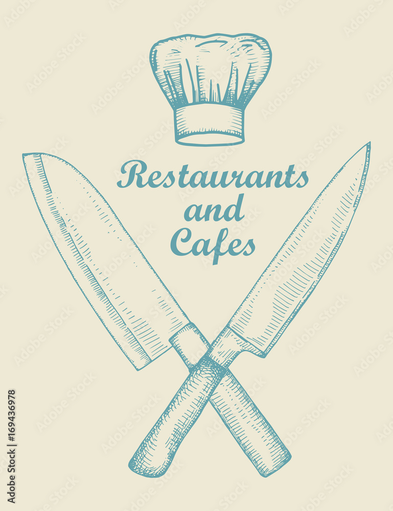 Kitchen knives and chef's hat. Vector restaurant card. hand