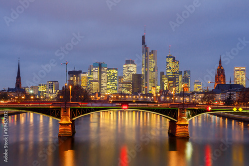 Frankfurt am Main. View of the business center the city at sunset.