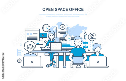 Open space office. Interior of the room. Collaboration, partnerships, teamwork.