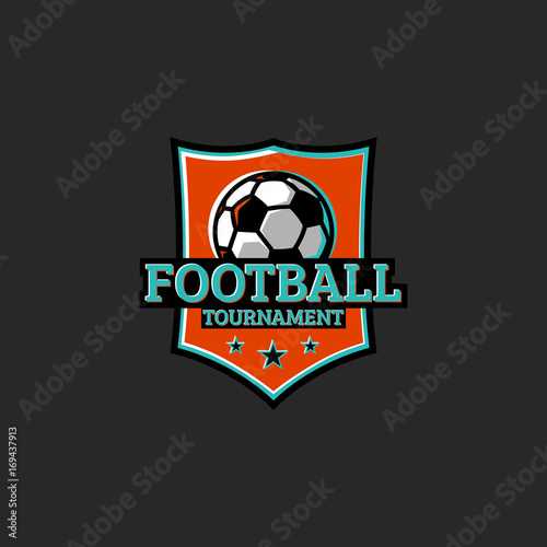 Football tournament, club or league sticker sport logo. T-shirt print club emblem typography design element. Soccer ball on the shield blue and orange colors on dark background.