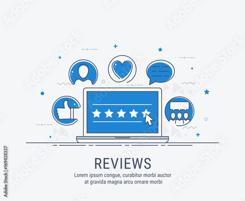 Concept illustration - feedback, reviews and rating, testimonials, like, communication. communications and technology reviews. Vector illustration.