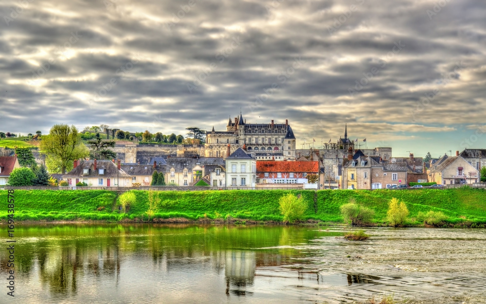 View of Amboise town with the castle and the Loire river. France.