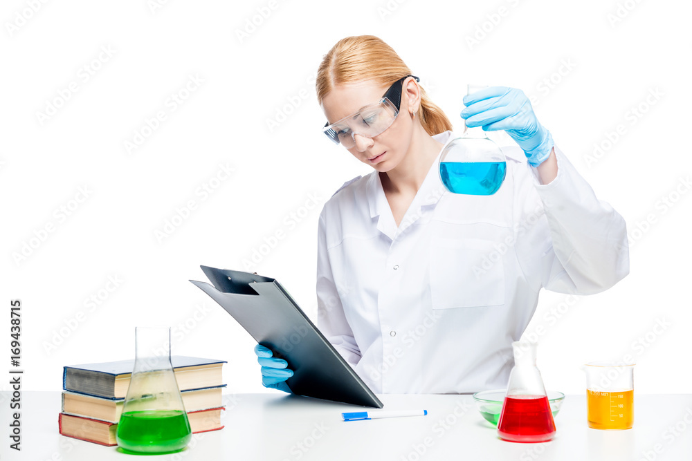 woman lab assistant with test tubes isolated on white background woman lab assistant with test tubes isolated on white background