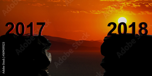 New year 2018 coming, sea background at sunset. 3d illustration