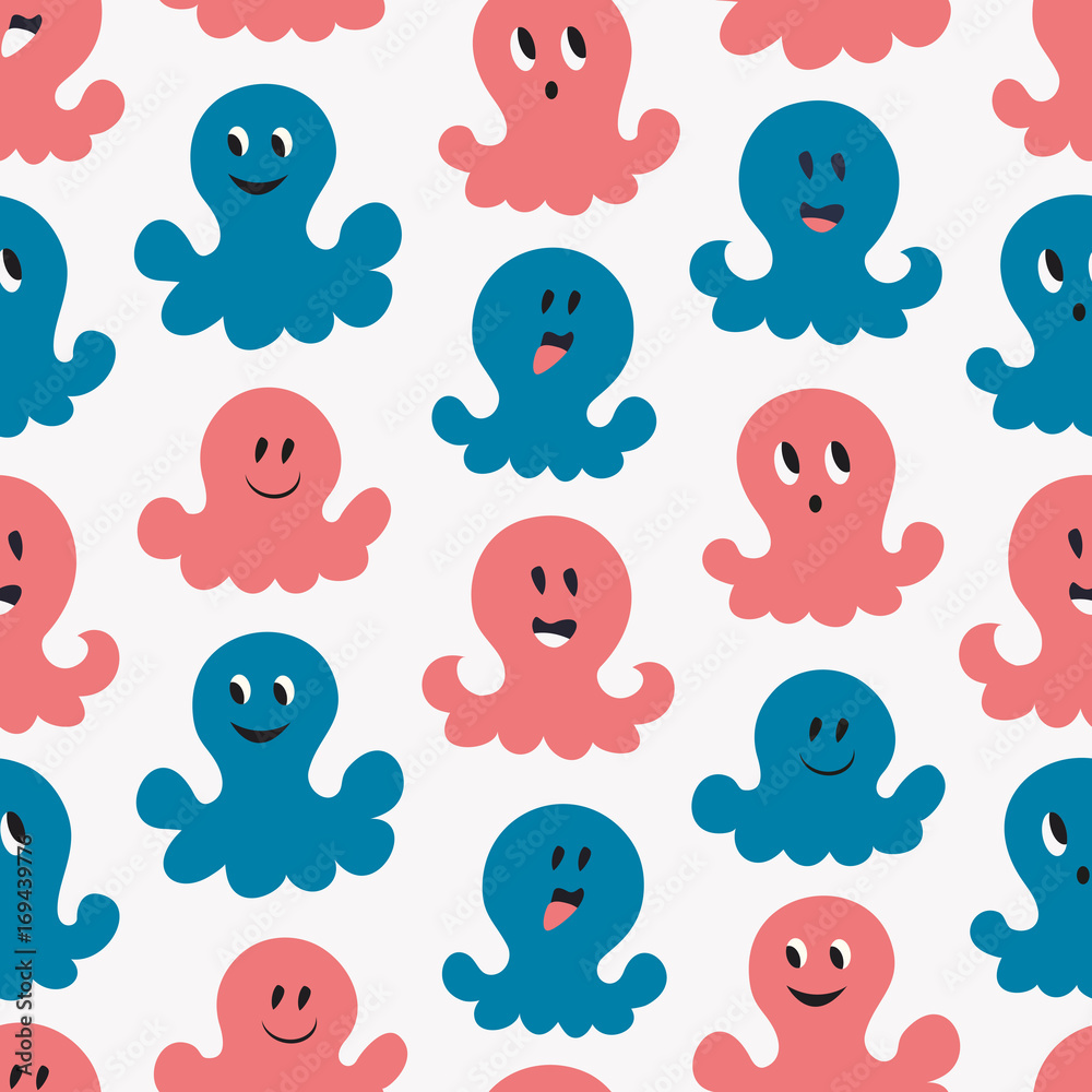 Fototapeta premium Small funny octopus. Cute smiling creatures. Vector seamless pattern, fun childish background
