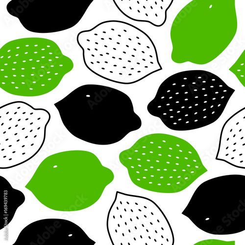 Tropical contrast pattern with lemons, limes. Vector fruits background, eco nature texture, decorative ornament in scandinavian style