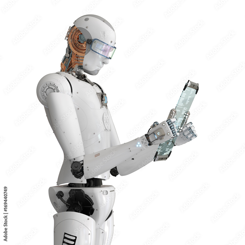 Naklejka premium robot working with digital tablet