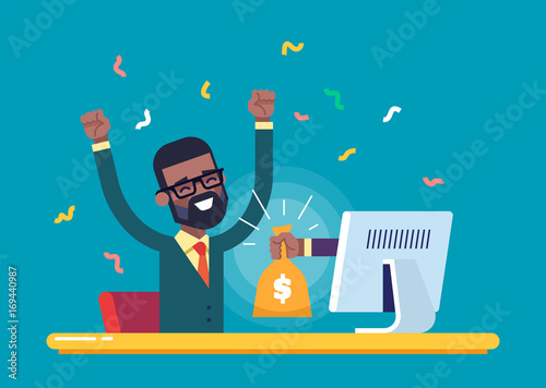 The hand from the monitor stretches a bag of money to a happy black man. Concept of earnings on the Internet, online income, gambling. Modern vector illustration.
