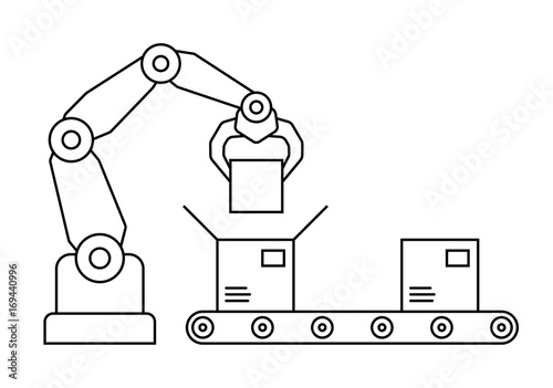 Thin line style assembly line. Automatic production conveyor. Robotic industry concept. Vector illustration.