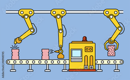 Thin line style assembly line. Automatic production conveyor. Robotic industry concept. Vector illustration.