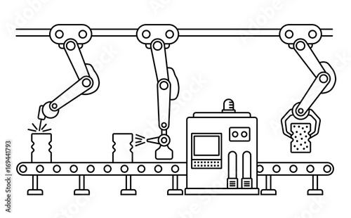 Thin line style assembly line. Automatic production conveyor. Robotic industry concept. Vector illustration.