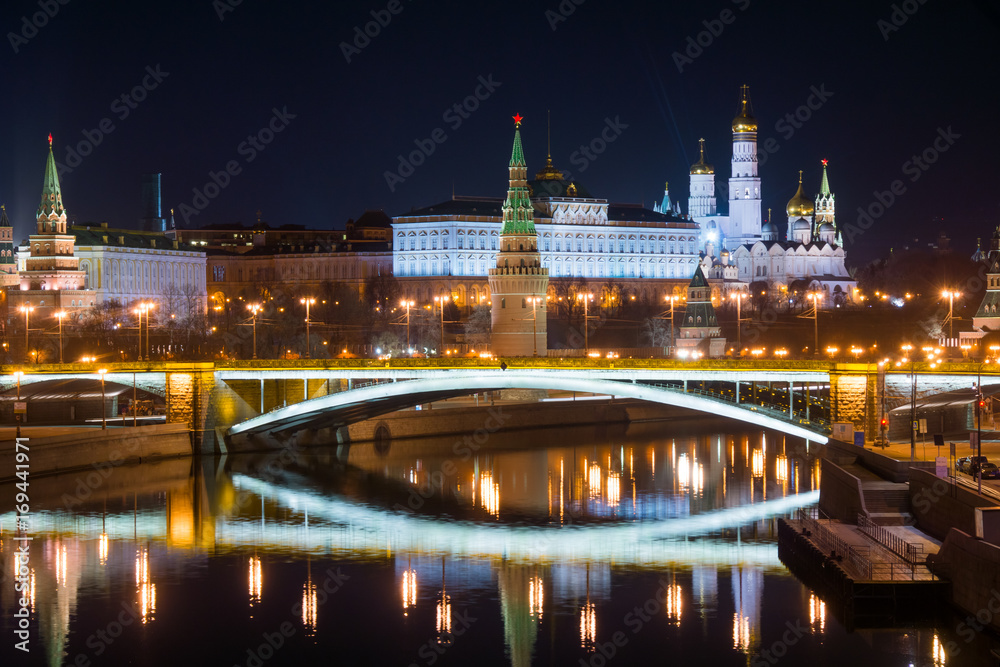 Big Stone Bridge near the Kremlin - night view with reflection in the river
