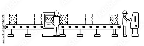 Thin line style assembly line. Automatic production conveyor. Robotic industry concept. Vector illustration.
