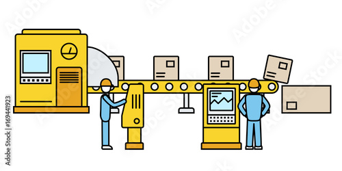 Thin line style assembly line. Automatic production conveyor. Robotic industry concept. Vector illustration.