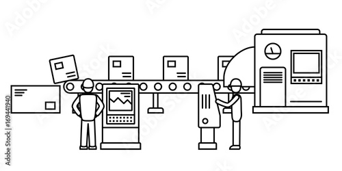 Thin line style assembly line. Automatic production conveyor. Robotic industry concept. Vector illustration.