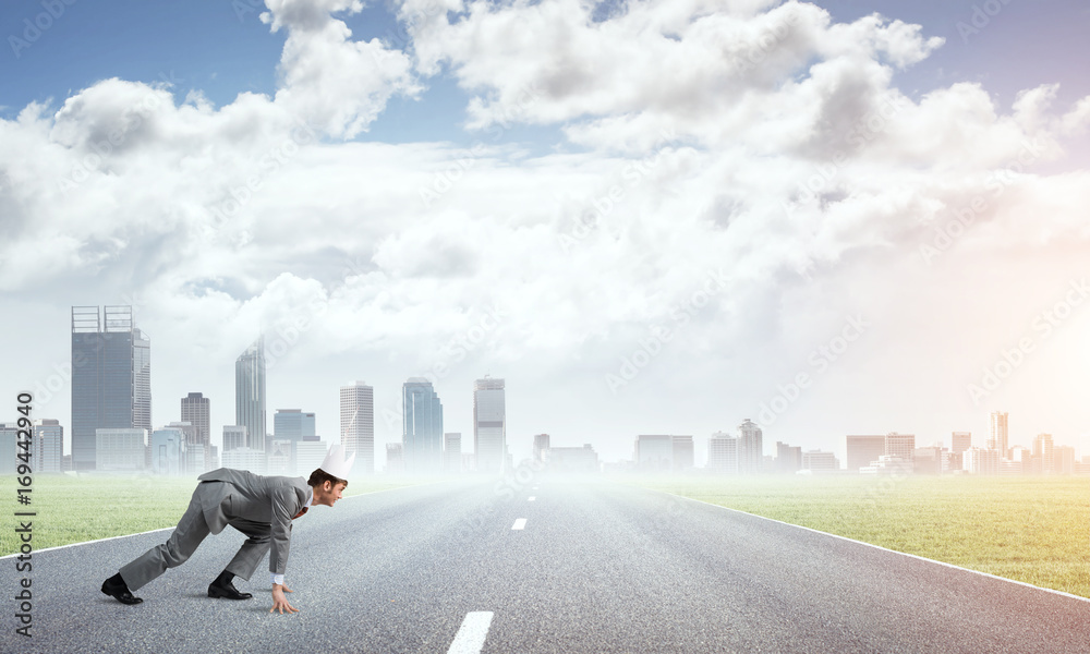 King businessman in elegant suit running and business center at background King businessman in elegant suit running and business center at background