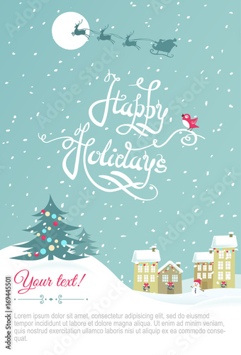 Happy holidays greeting  card - Vector Illustration. Cute winter poster with snowy city and hand lettering.  © ira_qiwi